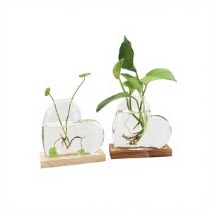 <span class=keywords><strong>Vaso</strong></span> Creativo <span class=keywords><strong>a</strong></span> Forma di <span class=keywords><strong>Cuore</strong></span> in Vetro Borosilicato Trasparente con Base in Legno per Propagazione Idroponica e Decorazione Domestica - Product Image 1