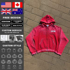 เสื้อฮู้ดดี้ผู้ชายแบบซิป ปักลาย แอซิดวอช 400gsm สตรีทแวร์ ดีไซน์ใหม่ ทรงหลวม ตกแต่งคริสตัล สไตล์วินเทจ - Product Image 2
