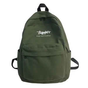 Custom High Quality Olive Green Vintage Teenage Unisex Canvas School Backpack With Embroidered Logo