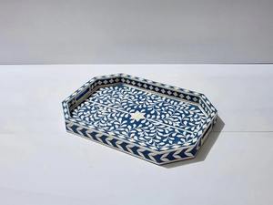 Rectángulo de incrustaciones de hueso hecho a mano, bandeja de servicio de naturaleza muerta moderna, manijas decorativas florales azules, mesa de centro, decoración del hogar, bodas - Product Image 3