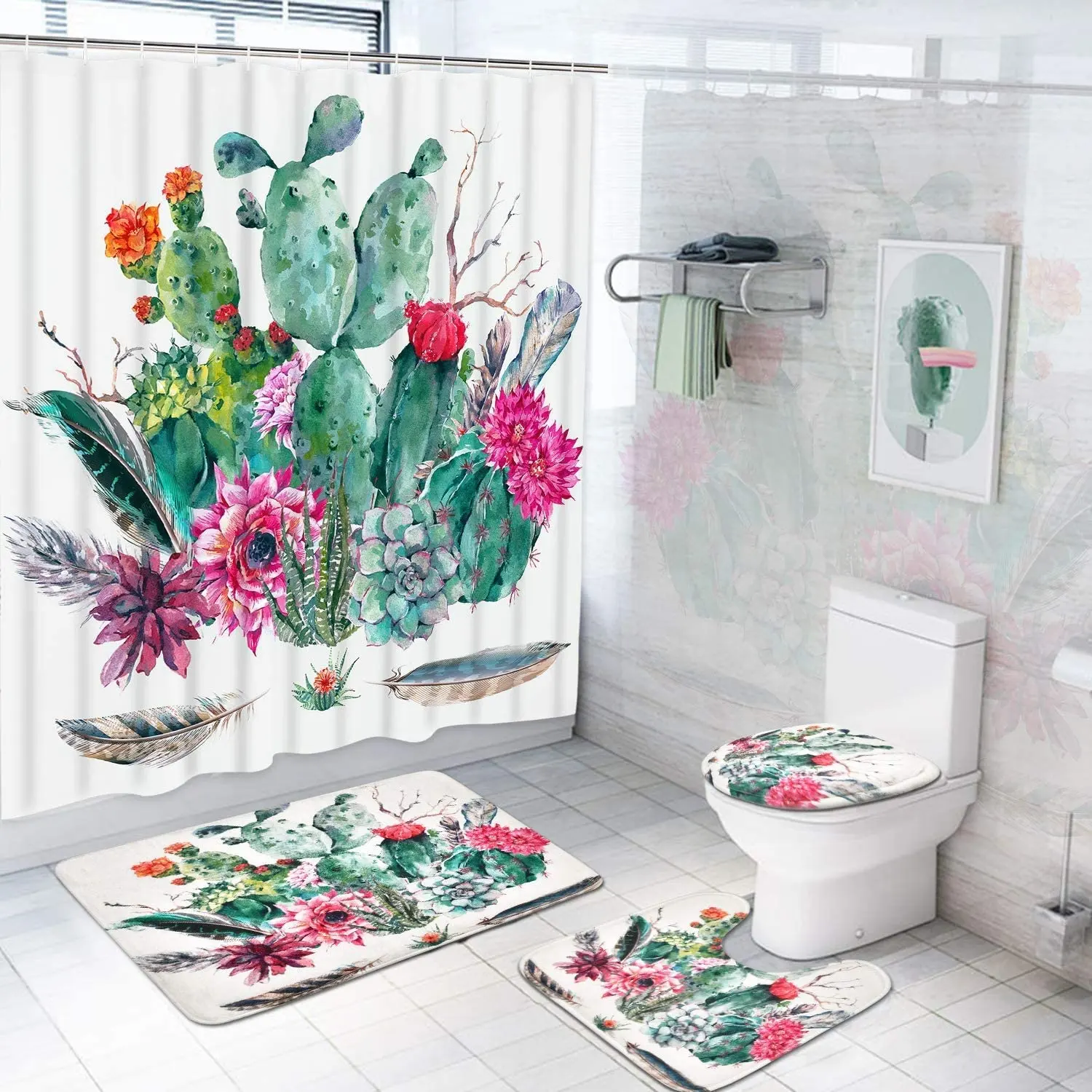 Hoge Kwaliteit Bloemen Toilet Badkamer Set 3 Stuk Bad 3d Digitale Print Toilethoes Douchegordijn Badmat Doucheset