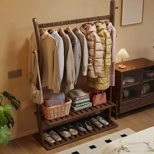 Modern Solid Wood Coat Rack with <b>Hooks</b> and <b>Shelves</b> Freestanding Storage for Bedroom Living Room Furniture - Product Image 1