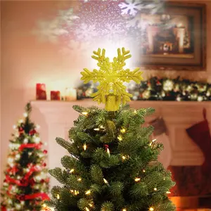 Proyektor LED pohon Natal, cahaya puncak pohon Natal bintang berputar emas perak kepingan salju 3D bercahaya bintang perak untuk pohon Natal