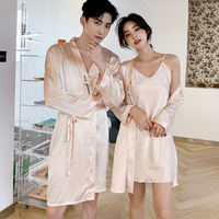 Pijamas de Satén Estilo Europeo Americano para Hombre y Mujer, Finos, Sexys, con Cuello en V, Manga Larga, Secado Rápido, Transpirables, de Seda Helada, para Primavera
