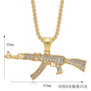 Stainless Steel Gold Plated Rhinestone AK47 Pendant <b>Necklace</b> <b>For</b> <b>Men</b> Party Jewelry Hip Hop Style - Product Image 3