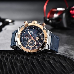 Benyar Men's Quartz Watch Three Dial Chronograph Stainless Steel Case Leather <b>Strap</b> 12mm 30M Waterproof Analog Display - Product Image 2