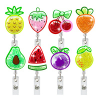Porte-badge rétractable en acrylique avec clip ceinture, motif fruits mignons (fraise, avocat) et bouton de tirage facile