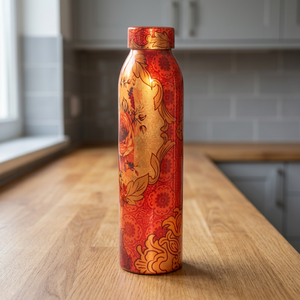 กระติกน้ำร้อนโลหะดีไซน์โอเรียนทัลแบบพกพา ลายดอกไม้สีแดงทอง - Product Image 4