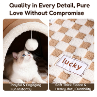 Lit tunnel pour chat en peluche amovible et mignon, semi-fermé, type grotte chaude, avec jouet pompon suspendu, pour chaton d'intérieur, toutes saisons, amovible