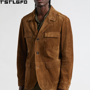 Cut And Sew <b>Suede</b> Notched Lapel <b>Jacket</b> <b>Men</b> Tobacco Brown Four Pocket Windbreaker Streetwear Outerwear Manufacturers Bulk - Product Image 1