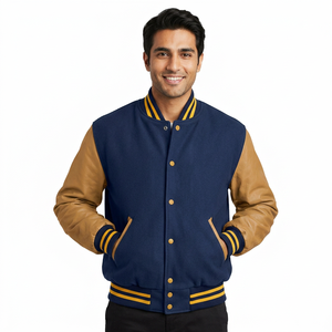 แจ็คเก็ตแบรนด์ Varsity ตัวเสื้อทำจากผ้าขนสัตว์ แขนทำจากหนัง กันน้ำ ดีไซน์ Letterman แบบเบสบอล โดดเด่นมีสไตล์ สีน้ำเงินรอยัล-เหลืองด้านหน้า - Product Image 1