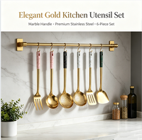 Kit d'ustensiles de cuisine plaqué or, manche en plastique marbré, acier 201, cuisine, restaurant, hôtel, traiteur, pâtisserie, passe au lave-vaisselle, 6 pièces