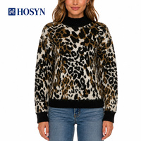 Pull en maille chic à imprimé léopard pour femme, col rond, manches longues, fente sexy au dos, avec bordure côtelée noire, OEM/ODM