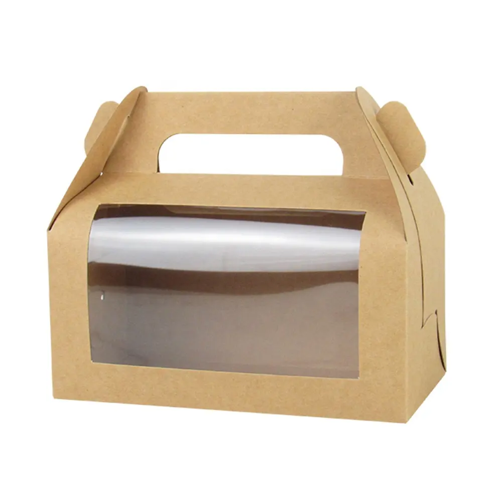 Fenêtre Dessert Gâteau Boulangerie Boîte à emporter Gâteau Rouleau Boîte à pignon Emballage avec poignée Noël Carton PVC de qualité alimentaire Recyclable