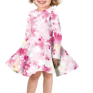 Gaun lengan panjang anak perempuan, gaun Fashion desain Sakura dengan rok pesta lengan panjang musim gugur untuk anak perempuan