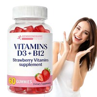 Gummies de Vitamine D3 avec Vitamines B12 pour la Santé Cardiaque et l'Énergie, Soutien Immunitaire, Gummies Véganes, Supplément de Vitamines à la Fraise