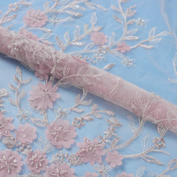 X545-1 de tul rosa con lentejuelas, encaje de tela bordada para vestido de novia