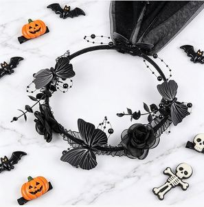 Halloween Costume Accessory Floral Headhoop <b>Black</b> Artificial Rose Butterfly Dark Gothic <b>Tulle</b> Veil Headband - Product Image 2