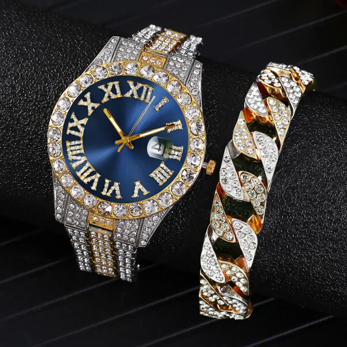 高級ブルーダイヤモンドリストバンド女性用時計セットトレンディな2PCSラインストーンキューバブレスレットCZ時計バンドクォーツ時計ギフトセット