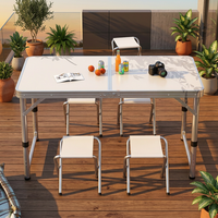 Table de camping pliante portable d'extérieur avec pieds escamotables, blanche, avec tabourets – Offre spéciale
