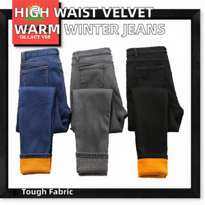 Pantalones vaqueros de invierno de fabricante para mujer, pantalones vaqueros de cintura alta de terciopelo gruesos y cálidos con realce para mamá, pantalones vaqueros rectos de talla grande transpirables para mujer - Product Image 2