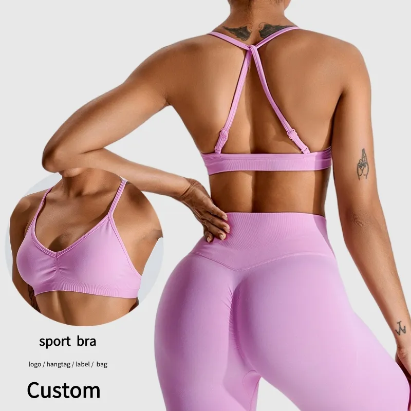 Sujetador de Yoga con tirantes finos ajustables cruzados al por mayor, ropa interior tetona deportiva Sexy, ropa de entrenamiento con logotipo personalizado, sujetador de ejercicio para mujer y gimnasio