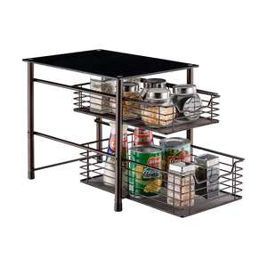2 tier Tempered glass top metal wire mesh sliding pull out kitchen spice rack cabinet organizer drawer