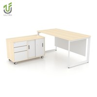 Bureau de direction modulaire en L moderne avec meuble d'appoint roulant et portes coulissantes verrouillables, design écologique