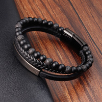 Pulsera de Cuero con Piedra Volcánica Natural para Hombre, Brazalete de Cuero Trenzado Multicapa Rojo y Amarillo, Joyería Masculina Magnética de Acero Inoxidable
