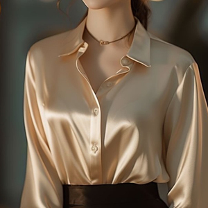 Camicia da donna con bottoni in raso di <span class=keywords><strong>seta</strong></span> <span class=keywords><strong>nera</strong></span> da donna a maniche lunghe per ufficio camicie da ufficio da donna Vintage in tessuto di raso con colletto rovesciato - Product Image 6