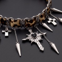 Collier ras du cou punk imprimé léopard, corde gothique Y2K, pendentif croix à pointes, en alliage de cuivre plaqué argent, bijou statement unisexe