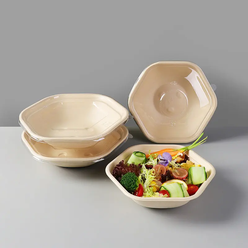 750ml 1000ml 1300ml 1600ml Hexagon Biodegradable Bowl Food Packaging sugarcane Bagasse Takeaway Food Container with lid