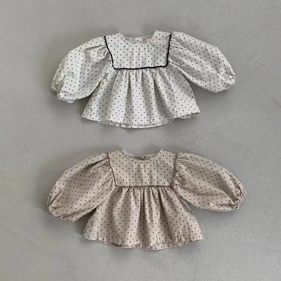 2023 Nieuwe Trendy Mode Katoen Dot Print Baby Meisjes Vierkante Kraag Shirt Voor Oem Odm Fabriek Custom
