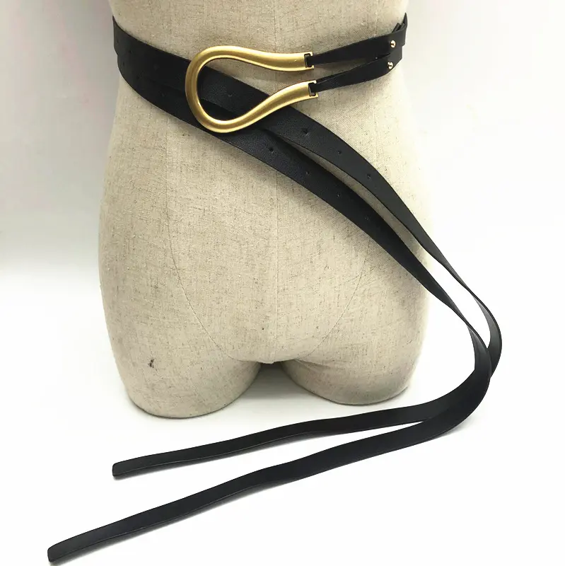 Women's Double-layer Faux Leather Thin Waist Belt Large Gold U-Shape Metal Buckle Fashion Belt