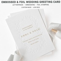 Carte de vœux de mariage gaufrée et estampée à chaud, impression typographique, design personnalisé pour une cérémonie élégante, faible MOQ