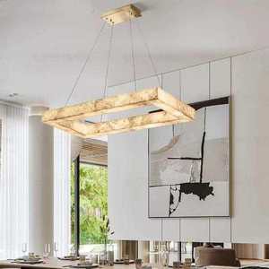 Lustre rectangulaire en laiton avec abat-jour en albâtre, lumière LED blanche chaude pour salon, 3500K, dimmable, culot E27 - Product Image 3