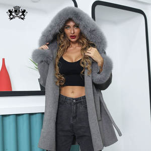 Pelliccia di volpe di Inverno Del Collare Giacca Con Cintura Vestiti di Cachemire Del Collare Reale della Pelliccia Delle Signore del Cachemire Cappotto di Trincea - Product Image 4
