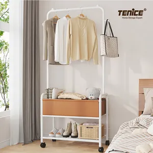 Tenice 2-in-1 롤링 카트, 의류 랙, 코트 및 의류 랙 2 계층 스토리지 선반 1 바구니 작은 장소 입구