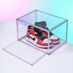 Wadah penyimpanan sepatu plastik bening drop, wadah kotak sepatu plastik dapat ditumpuk dengan tempat sepatu magnetis hemat ruang