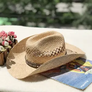 YD198 Topi Koboi Wanita Bepergian Musim Panas Pria Buatan Tangan Luar Ruangan Topi Panama Kertas Potongan Topi Jerami Rafia Pantai Matahari