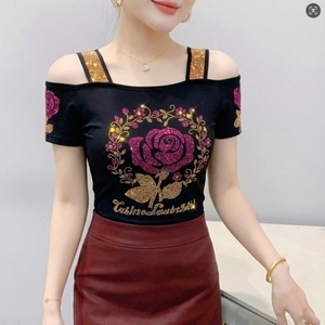 Magliette alla Moda per Ragazze con <span class=keywords><strong>Spalle</strong></span> <span class=keywords><strong>Scoperte</strong></span>, T-Shirt con Cuore Floreale, Camicie di Lusso con Strass e Rose a Manica Corta - Product Image 3