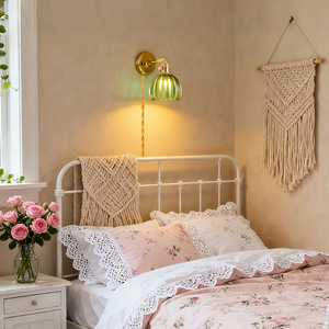 Rustic <b>Wall</b> Lamp Green Glass Shade E27 Copper Body <b>Switch</b> Control LED <b>Light</b> Source <b>Wall</b> Mounted Bedroom Lighting - Product Image 2