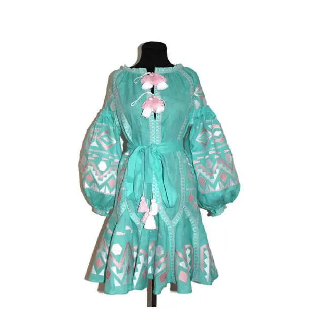 Hot Selling Summer Fashion New Style Color embroidery casual party wear bell sleeves relaxing fit sea green ukrainian dress
