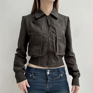 Veste utilitaire vintage américaine pour femmes, fermeture éclair, multi-poches, patchwork, col rabattu, taille cintrée, coupe courte - Product Image 4