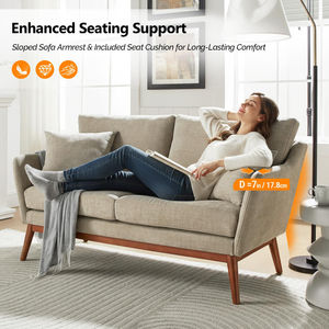 Canapé 2 places en tissu de lin de style mid-century, rembourrage en tissu de lin, canapé avec cadre en bois de caoutchouc massif, mini-canapé pour chambre à coucher - Product Image 3