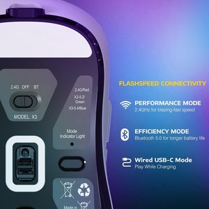 Attacco squalo X3 Tri-mode <span class=keywords><strong>Mouse</strong></span> Wireless <span class=keywords><strong>Bluetooth</strong></span> 2.4G con cavo USB leggero <span class=keywords><strong>Mouse</strong></span> da gioco - Product Image 5