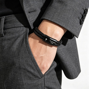 European American Retro Leather Bracelet Black Braided <b>Magnetic</b> <b>Clasp</b> Cross Design Unisex Gift Jewelry 7.5 8.5 9 Inches - Product Image 2