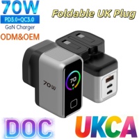 Chargeur rapide pliable GaN 70W 65W 30W avec affichage, prise murale UK, chargeur USB-C pour téléphone portable, vente en gros