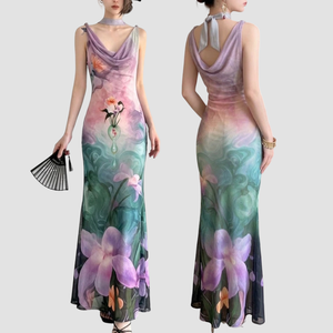 เดรสยาวทรงเข้ารูปพิมพ์ลายดอกไม้จีนสไตล์วินเทจ คอวีผูกโบว์  สำหรับวันพักผ่อน - Product Image 1