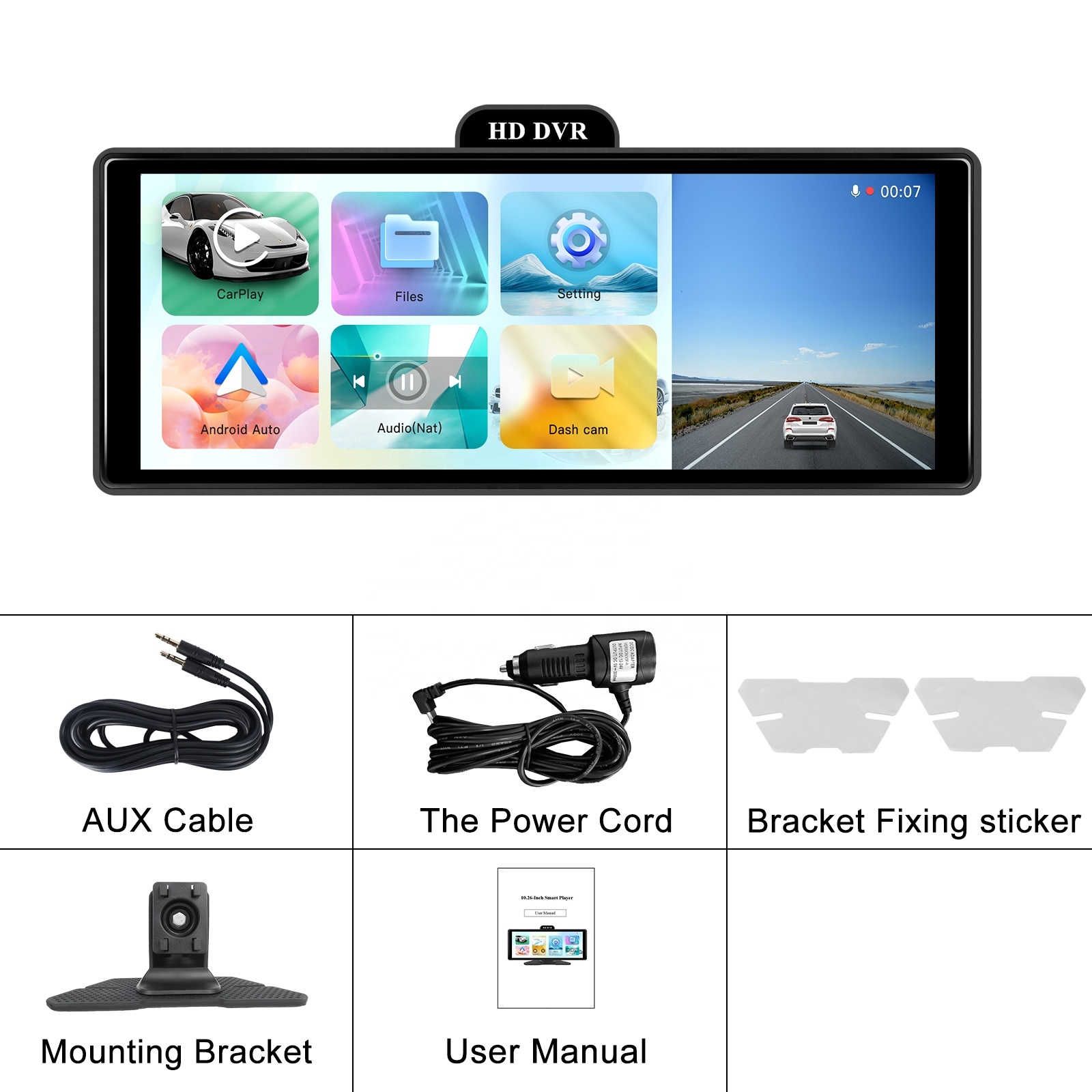 Wireless Portable Carplay Screen for Car, 10.26 HD IPS Carplay and Android Auto Screen, Car Touch Screen with 4K Dash Cam, Car Audio Receivers with Backup Camera, GPS Navigation, Voice Control